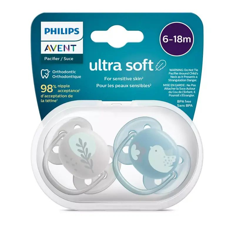 Соска пустышка Philips Avent ultra soft SCF091/15, птичка/листочки, 6-18 мес., 2 шт.  #1