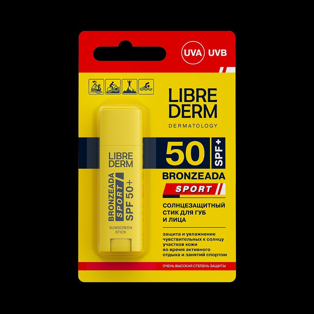 Солнцезащитный стик для губ и лица Librederm Bronzeada sport, SPF 50 ...