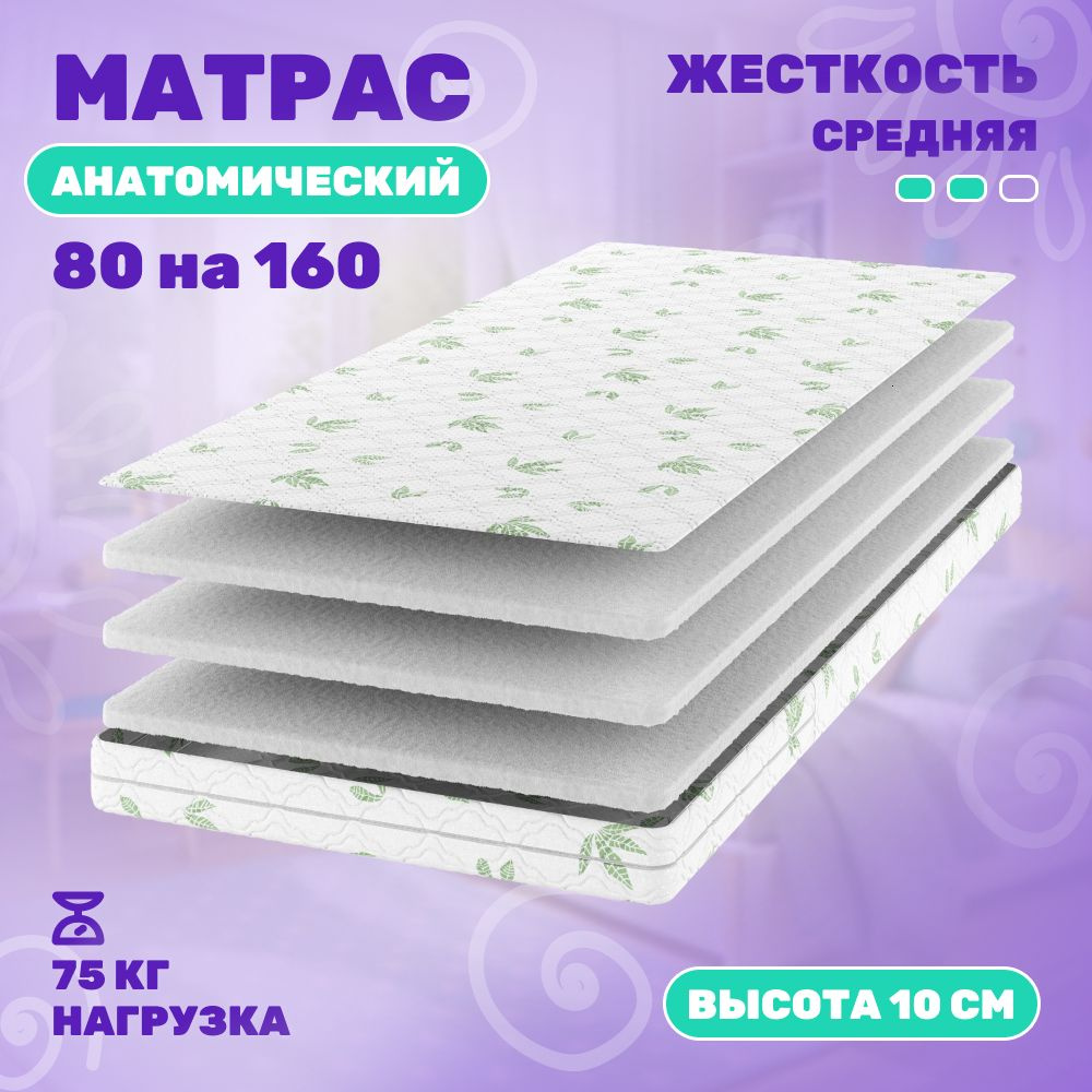 Матрас 160 на 80 см на 10 см - беспружинный - средняя жесткость - Капризун  #1