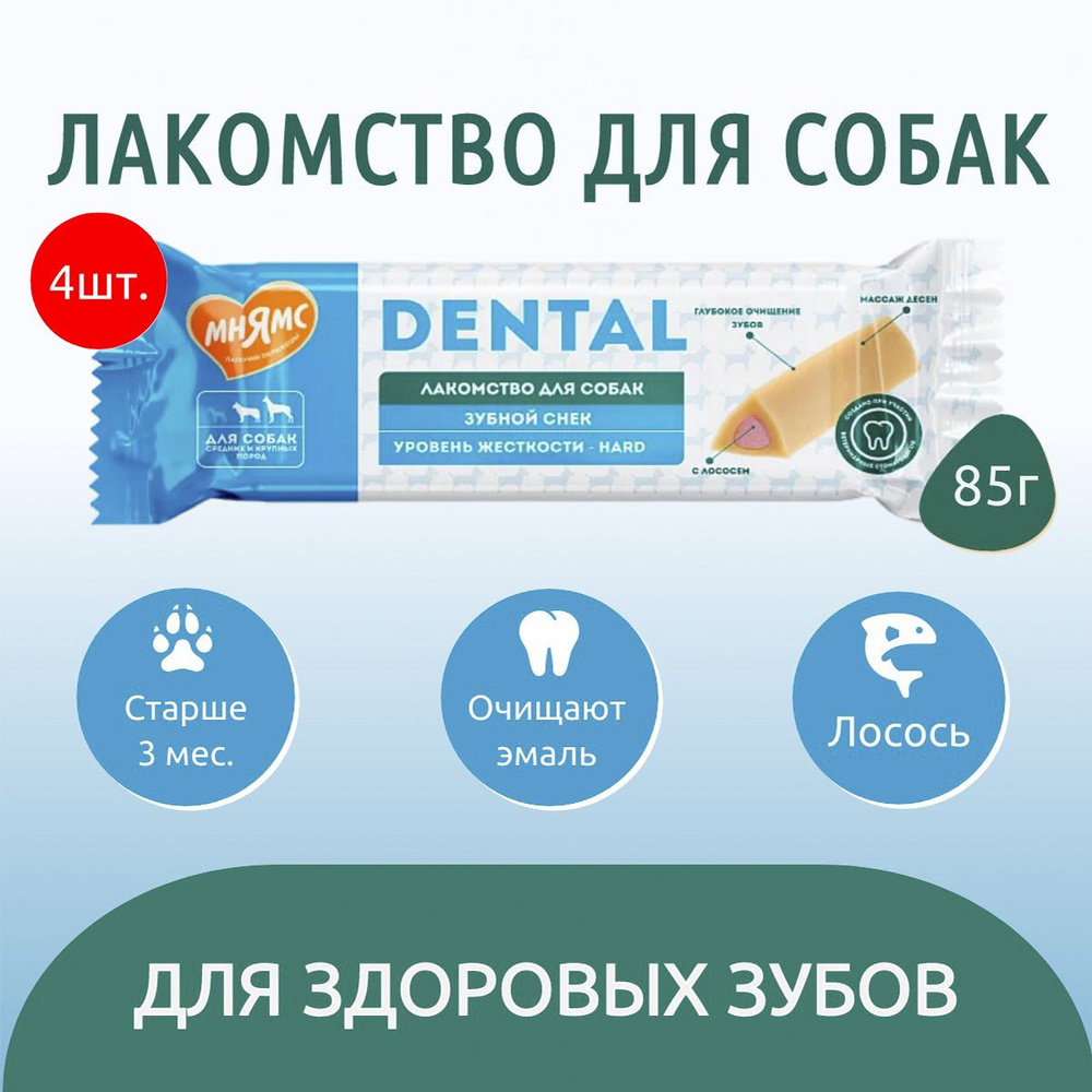 Лакомство Мнямс DENTAL 340 г (4 упаковки по 85 грамм) для собак "Зубной снек" с лососем  #1