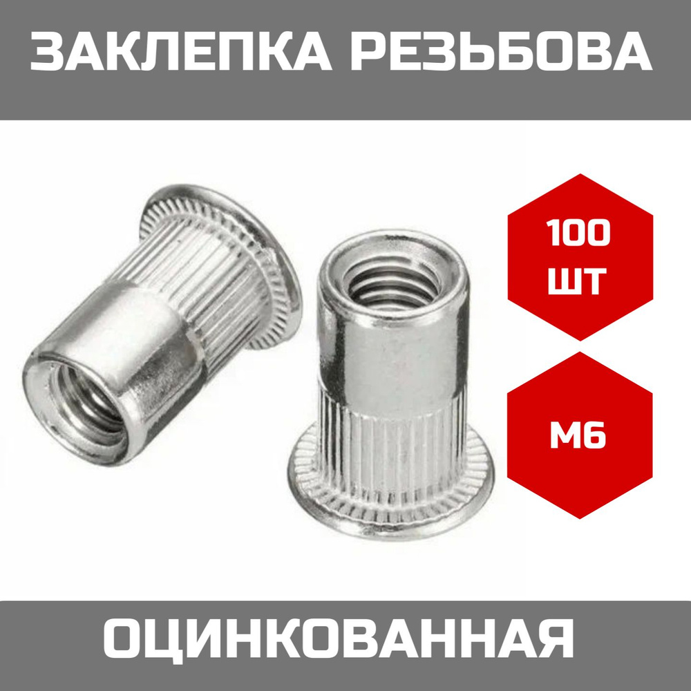 Заклепка резьбовая, гаечная, стандартный бортик М6 100 (штук) / Клепка винтовая, стандартный бурт, вставка #1