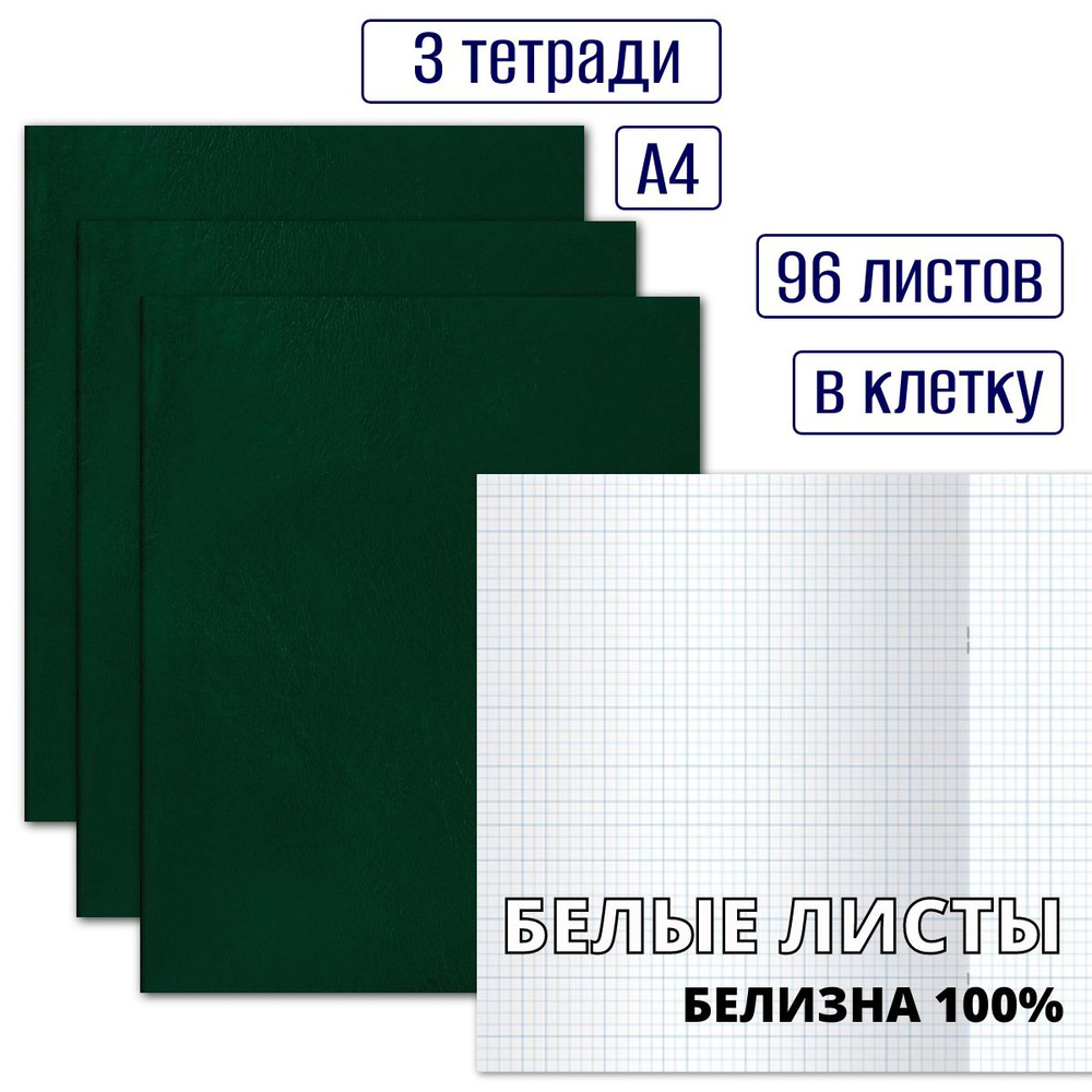 Набор тетрадей в клетку 96 листов, формат А4, без полей, обложка бумвинил зеленая, белые листы, белизна #1