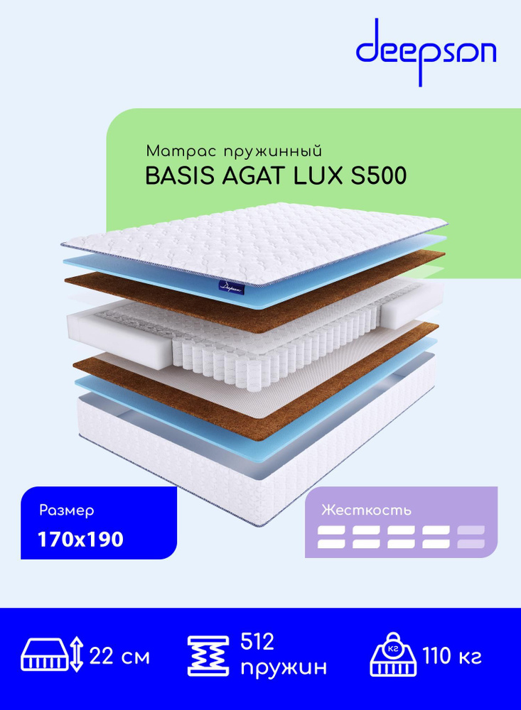 Матрас, ортопедический матрас Deepson BASIS AGAT LUX S500 выше средней жесткости, Двуспальный, Беспружинный, #1