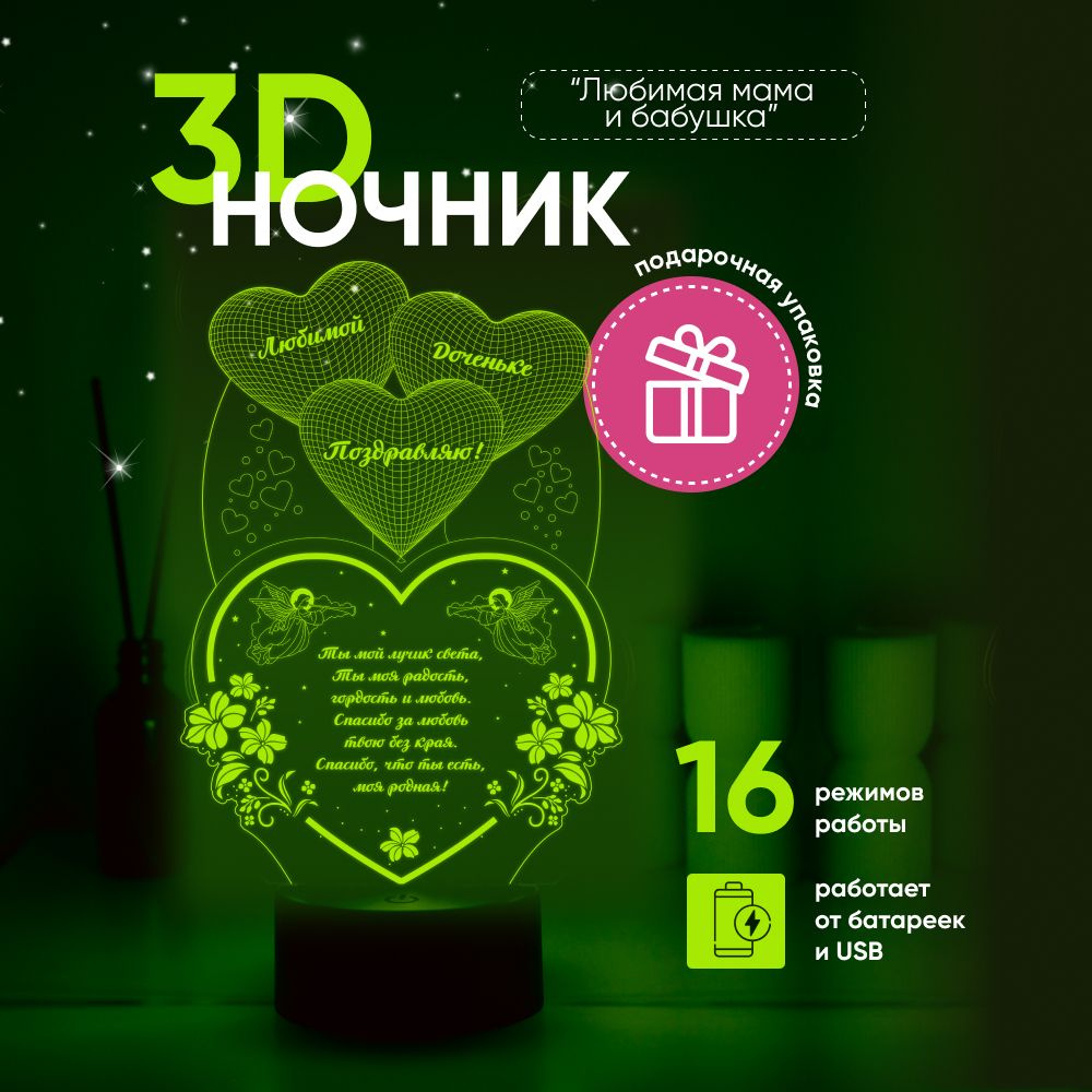 Ночник 3D ЛАМПАНОЧИ, светильник 3Д, подарок дочери #1