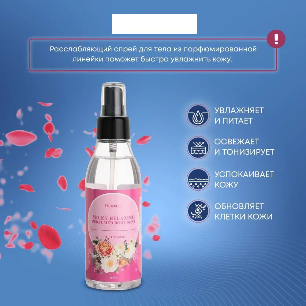 DEOPROCE MILKY RELAXING PERFUMED BODY MIST COTTON ROSE Успокаивающий парфюмированный мист для тела с #1