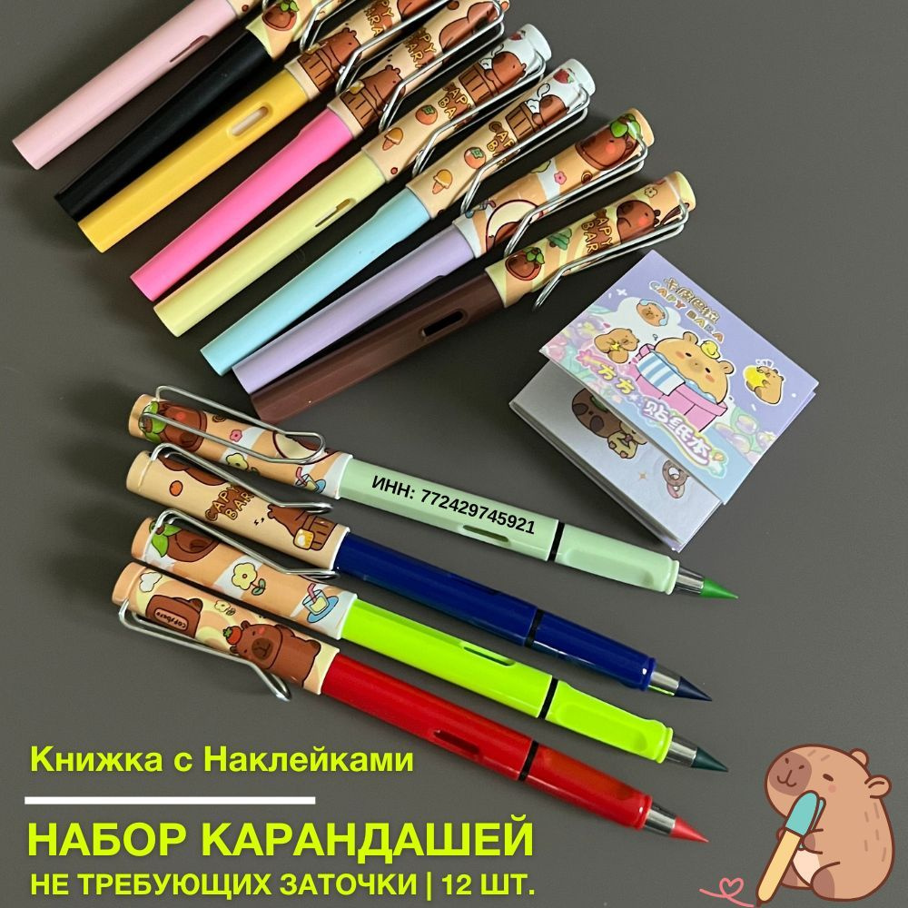 Набор Цветных "Вечных карандашей" 12 шт. с ластиком и наклейками Capybara Капибара / Книжка с наклейками #1