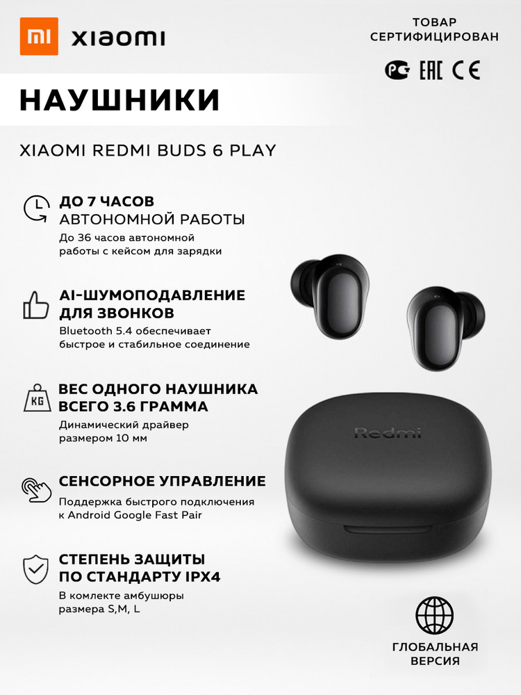 Беспроводные наушники Xiaomi Redmi Buds 6 Play, черный / модель: M2420E1 / BHR8776GL #1