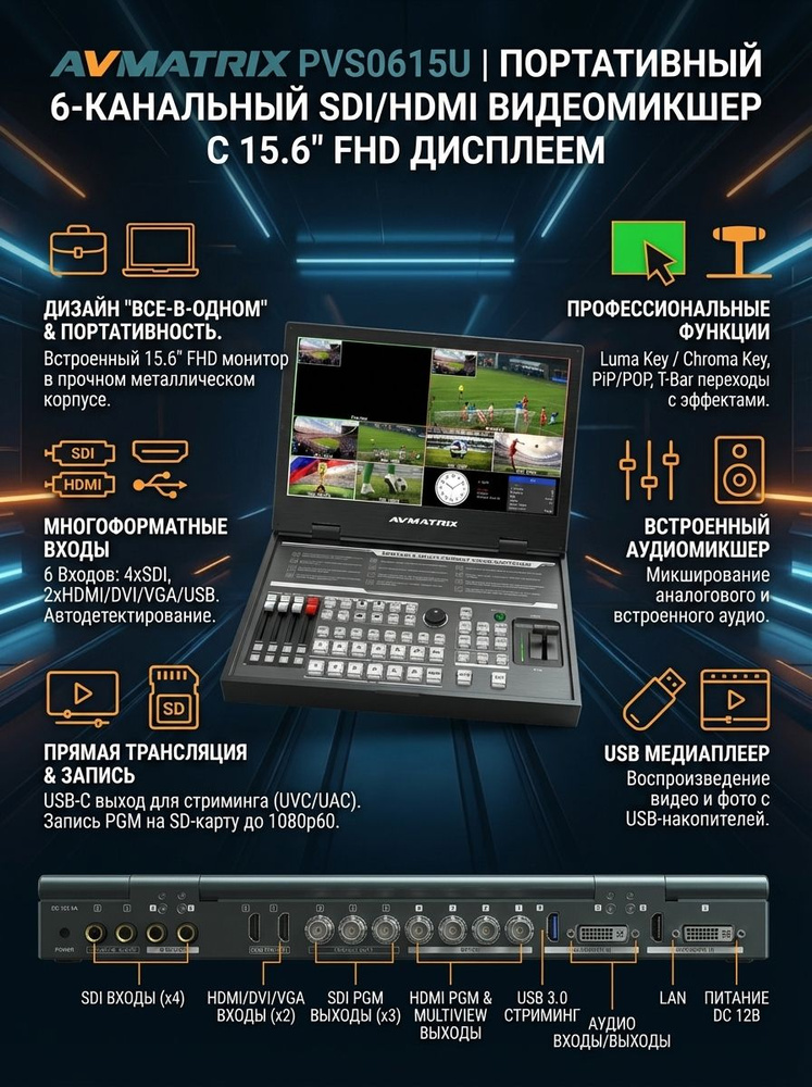 Видеомикшер AVMATRIX PVS0615U портативный 6CH SDI USB #1