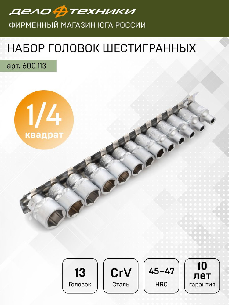 Набор головок 1/4"DR 6-ти гран (4-14мм) 13пр (Дело Техники)