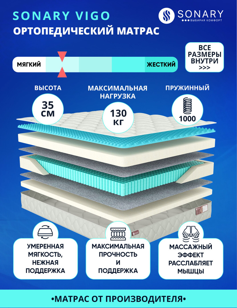 Матрас Sonary Vigo 125х170 серии Flow высота 35.05 см нагрузка 130.03 кг на кровать, анатомический, ортопедический, #1