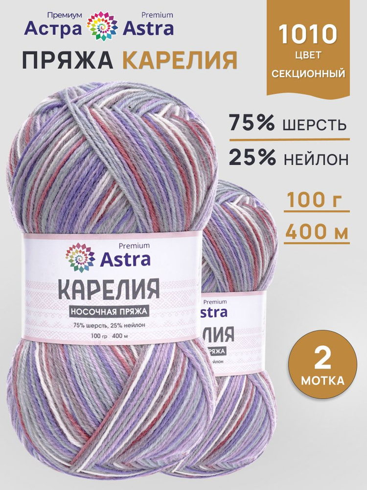 Пряжа для вязания Карелия носочная, 100 г 400 м, 2 шт, Астра Премиум (Astra Premium), цвет 1010 #1