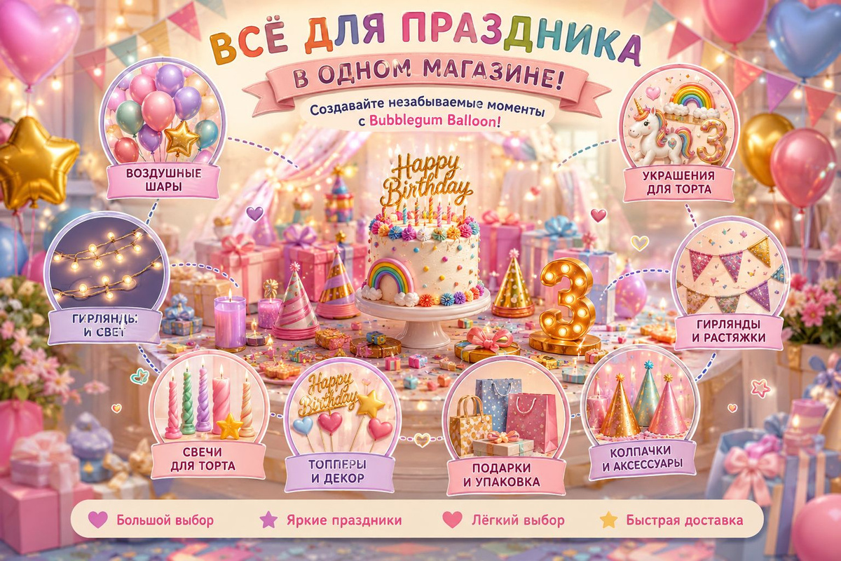 Магазин праздничных товаров Bubblegum Balloon. Воздушные шары, свечи для торта, гирлянды и украшения для дня рождения.