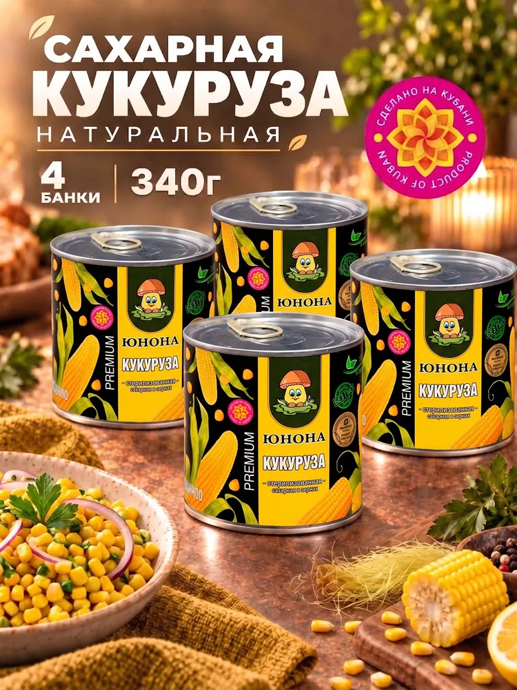 Кукуруза сахарная Юнона, 340 г 4 банки, 340 г