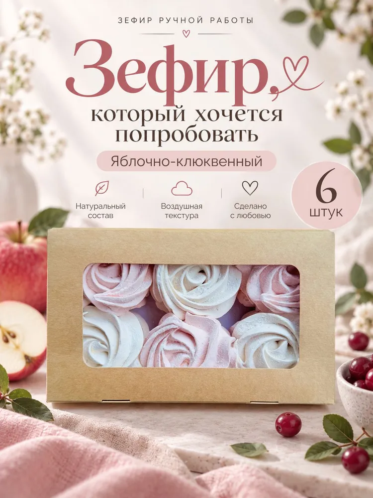 Зефир натуральный ручной работы "Яблоко - клюква", 6шт, 6 шт