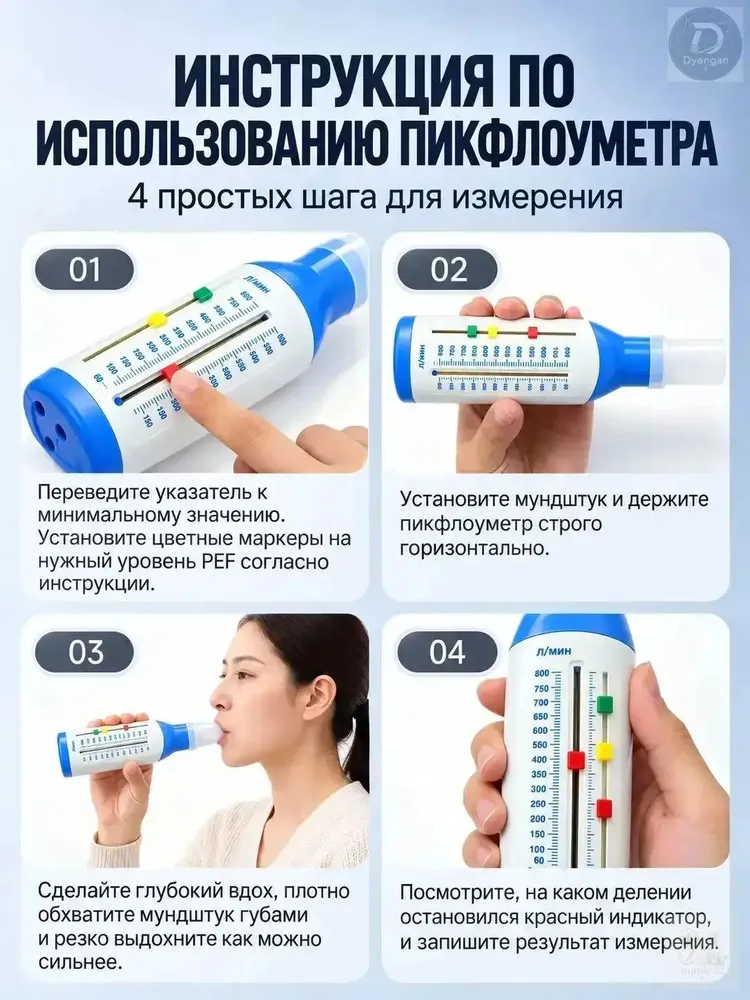 Пикфлоуметр для домашнего контроля дыхания при астме, PEF 60 800 л/мин, 3 цветовые зоны, 2 мундштука, для взрослых и детей от 12 лет, 800 л, фото 5