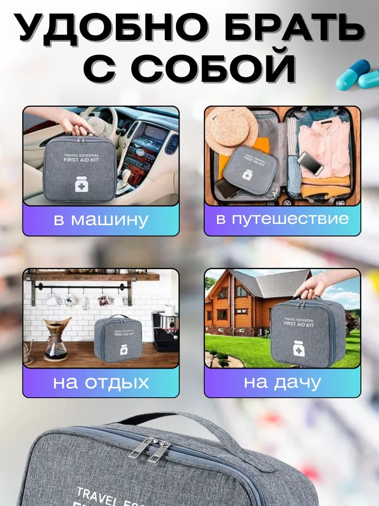 Аптечка домашняя универсальная, медицинская походная тканевая сумка для лекарств, дорожный органайзер для медикаментов, водонепроницаемая на молнии для путешествий, серая, серый, фото 4