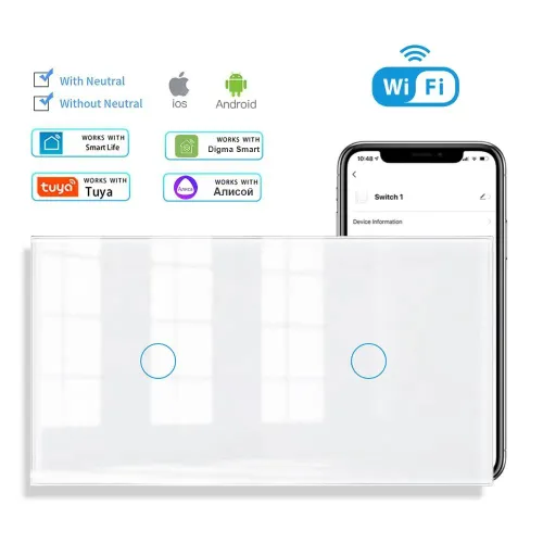 Умный сенсорный выключатель с WIFI одноклавишный ,2 клавиша 2пост стекло 153х82 мм ,белый