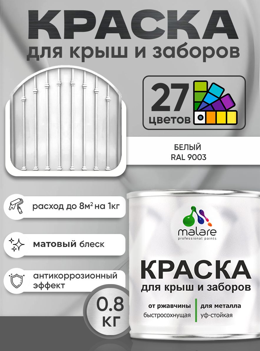 Краска по металлу Malare для крыш и заборов по ржавчине, для наружных работ, быстросохнущая износостойкая RAL 9003 белый, матовая, 0,8 кг
