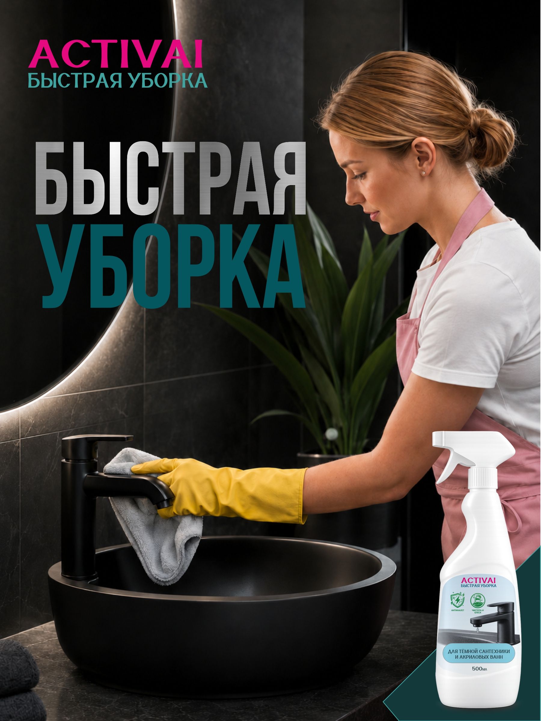 Средство для черной сантехники и акриловых ванн ACTIVAI, спрей от известкового налета 500 мл
