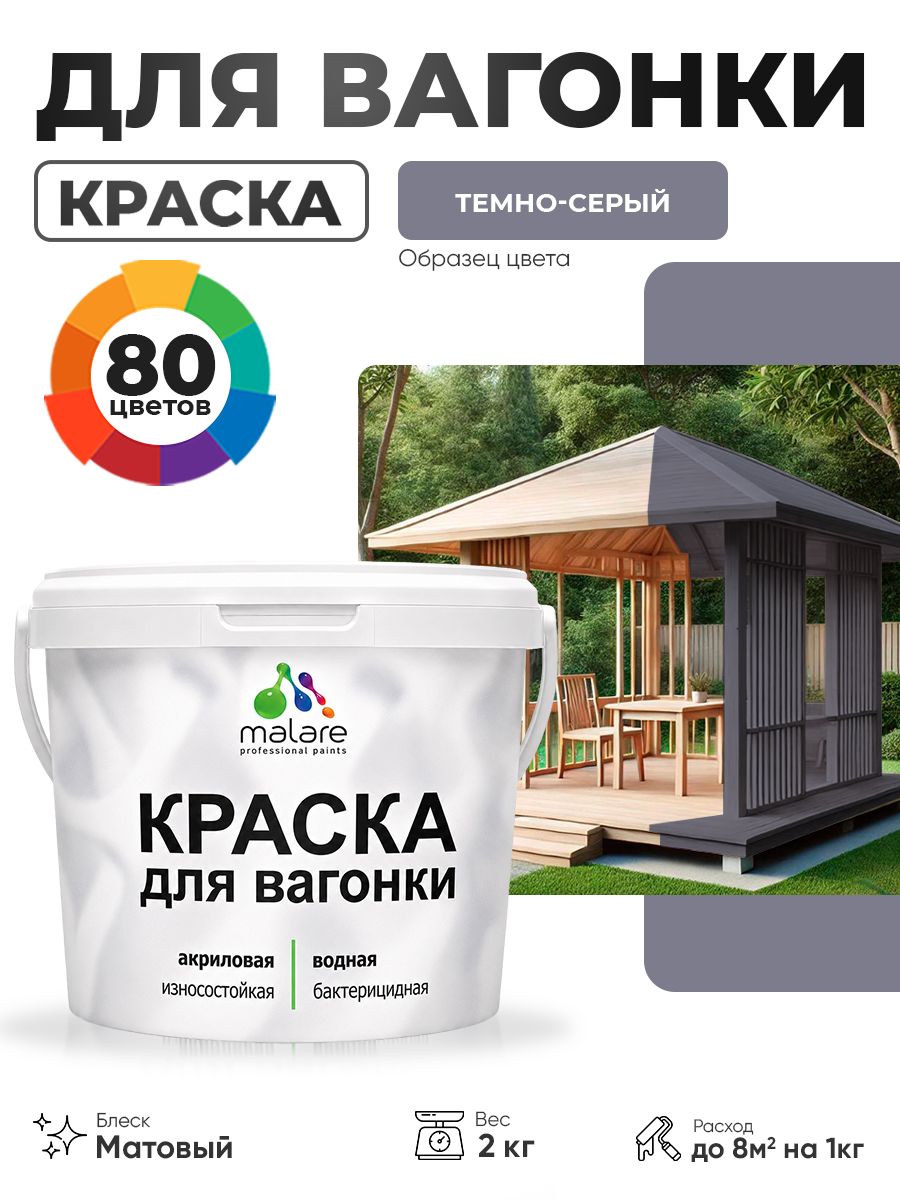 Акриловая краска для вагонки Malare для дерева, для фасадов и интерьера с антисептическим эффектом, быстросохнущая, без запаха, матовая, темно-серый, 2 кг