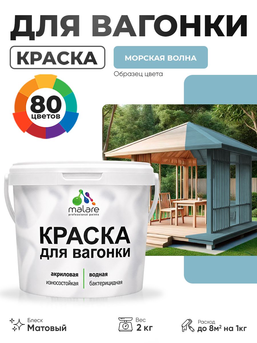 Акриловая краска для вагонки Malare для дерева, для фасадов и интерьера с антисептическим эффектом, быстросохнущая, без запаха, матовая, морская волна, 2 кг