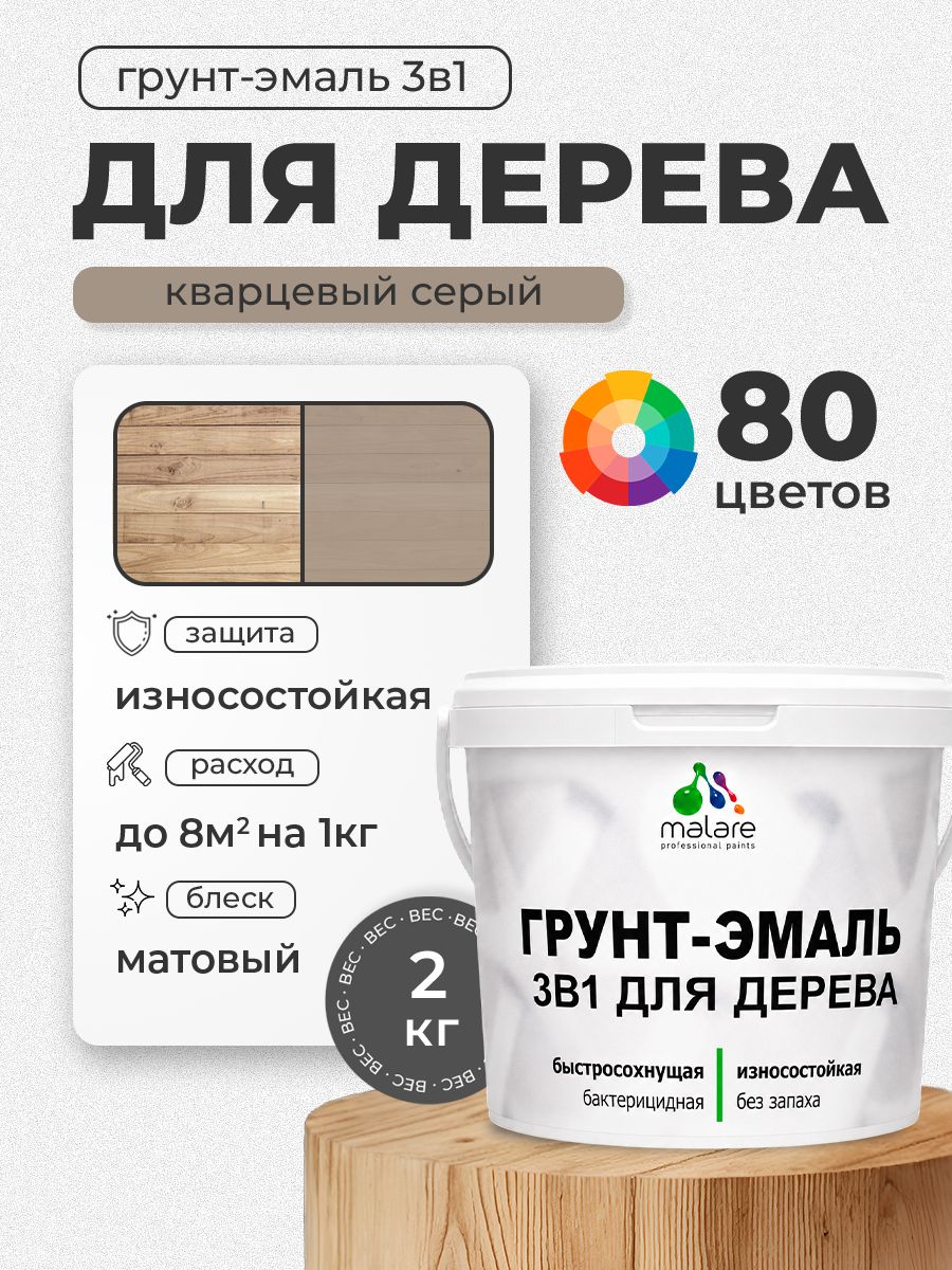 Акриловая Грунт-Эмаль 3 в 1 Malare для деревянных поверхностей с антисептическим эффектом, быстросохнущая, моющаяся без запаха матовая, кварцевый серый, 2 кг