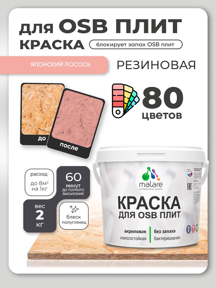 Резиновая краска для ОСБ плит Malare акриловая краска для дерева для наружных и внутренних работ, быстросохнущая без запаха полуглянцевая, японский лосось, 2 кг