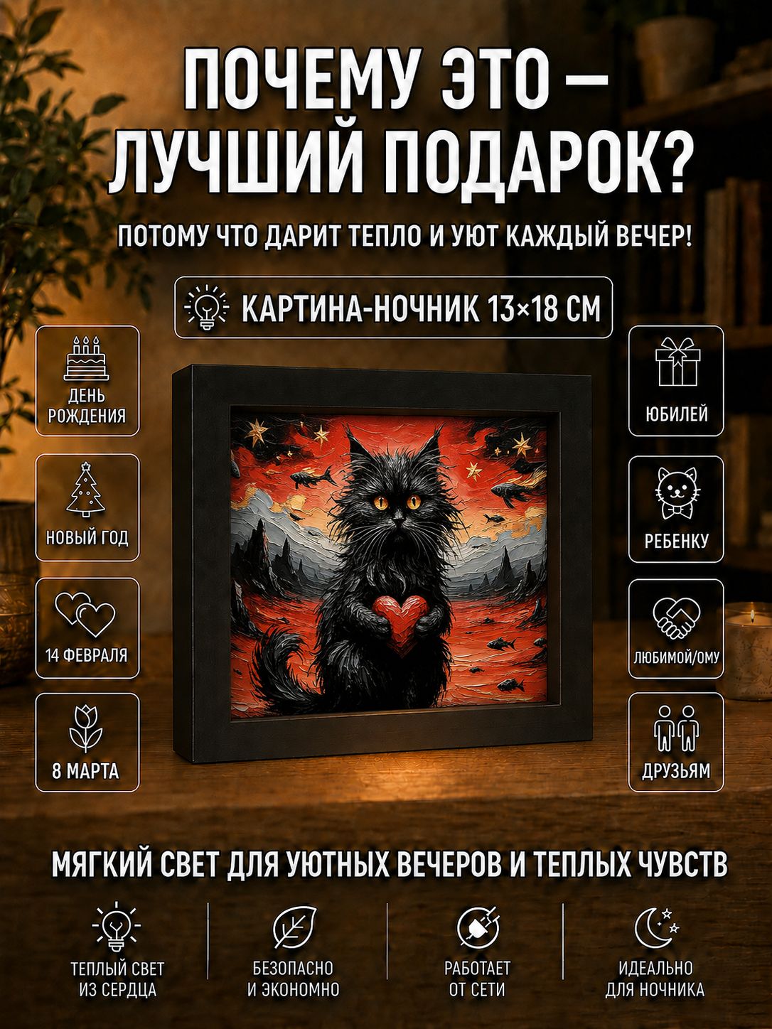 Котик с сердечком на алом закате