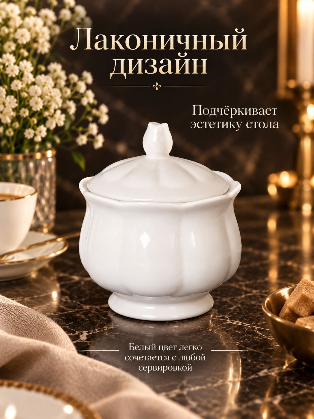 Сахарница фарфоровая с крышкой 250 мл, белая Сахарница фарфоровая с крышкой 250 мл, белая
