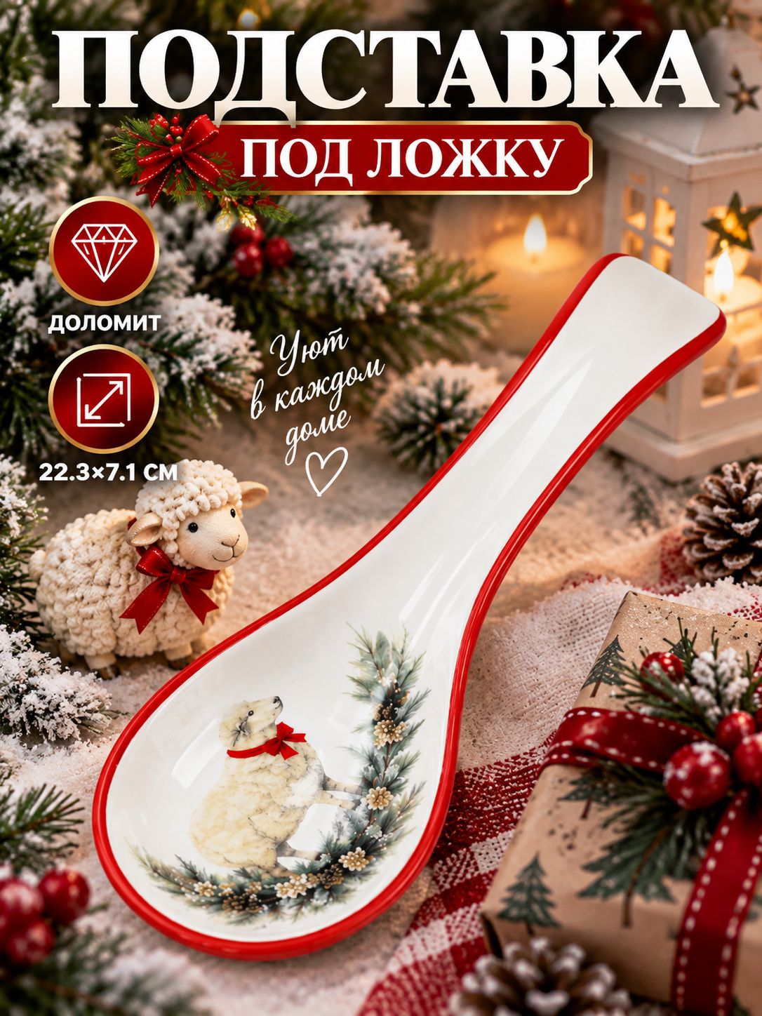 Подставка под ложку новогодняя, 22.3х7.1х2.7 см, доломит, белая, красная