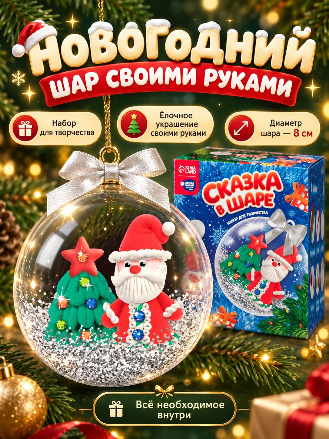 Елочный шар своими руками, "Дед Мороз", 8 см. с массой для лепки, набор для творчества, новогодние подарки для детей 2027