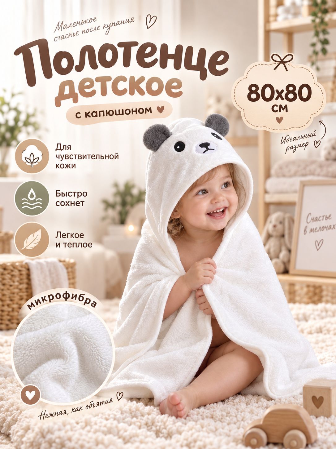 Детское полотенце с капюшоном 80х80 см, "Мишка", Молочный, Микрофибра