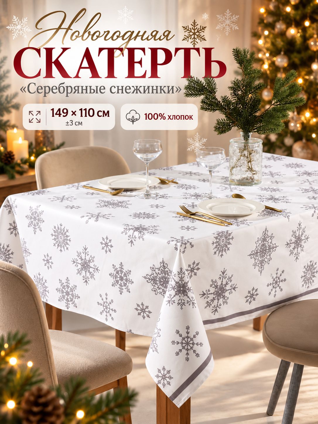 Скатерть новогодняя на стол "Серебряные снежинки" 149х110 см, 100% хлопок, 190 г/м