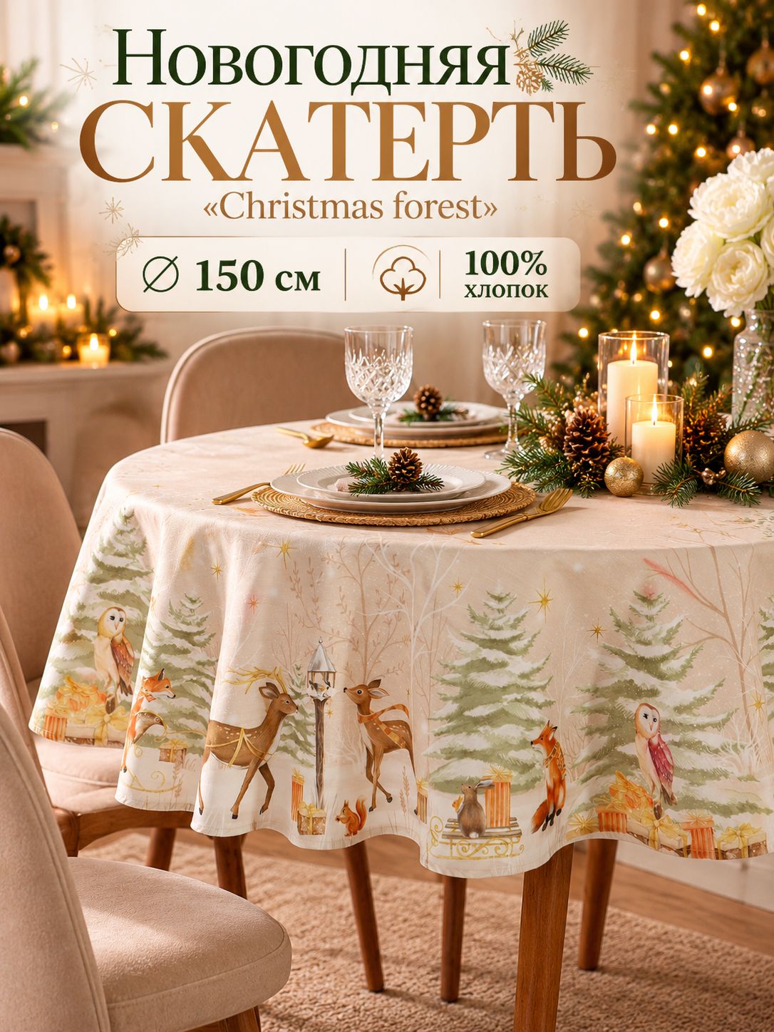 Скатерть новогодняя на стол "Christmas forest" 150х150 см, 100% хлопок, 190 г/м