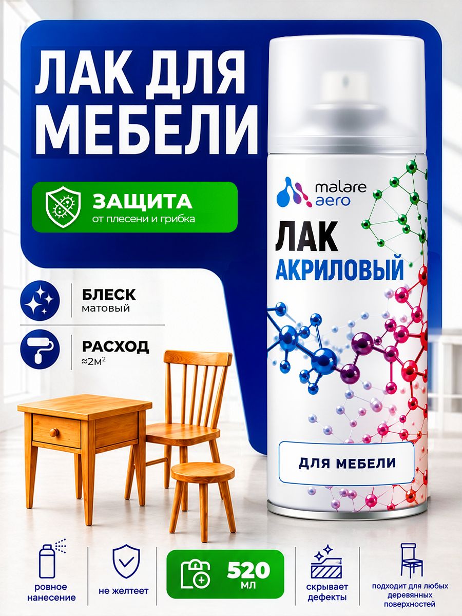 Лак для мебели Malare для кухонных фасадов, акриловый, бесцветный, матовый, 520 мл.