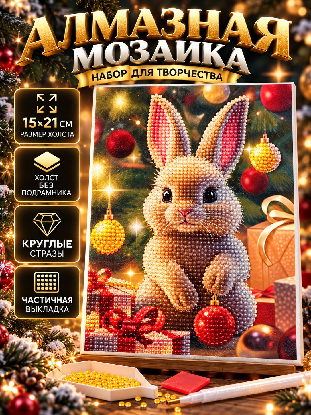 Алмазная мозаика для детей, 15х21 см, "Зайчик", алмазная мозаика новогодняя