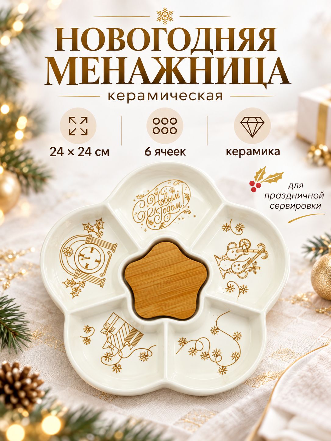 Менажница керамическая новогодняя "С Новым годом", 24 см.