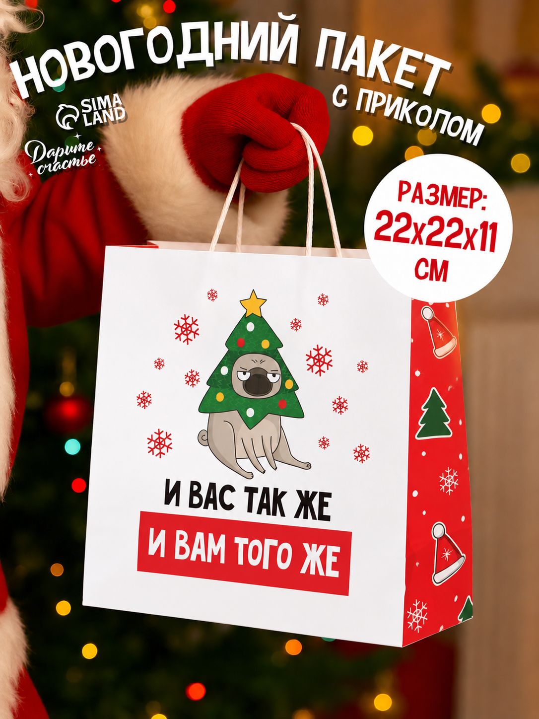 Пакет подарочный новогодний, 22 х 22 х 11 см