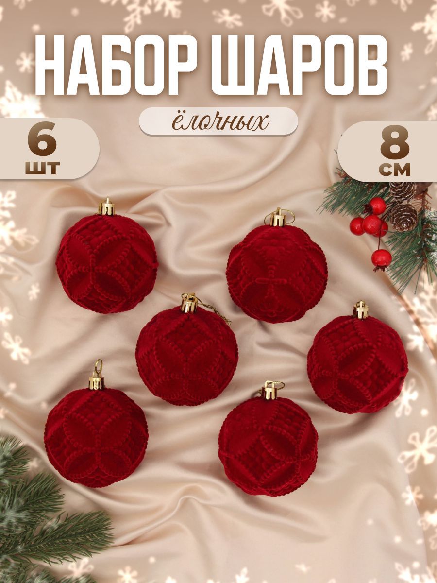 Набор шаров пластик d-8 см, 6 шт "Бьорн" геометрия, красный