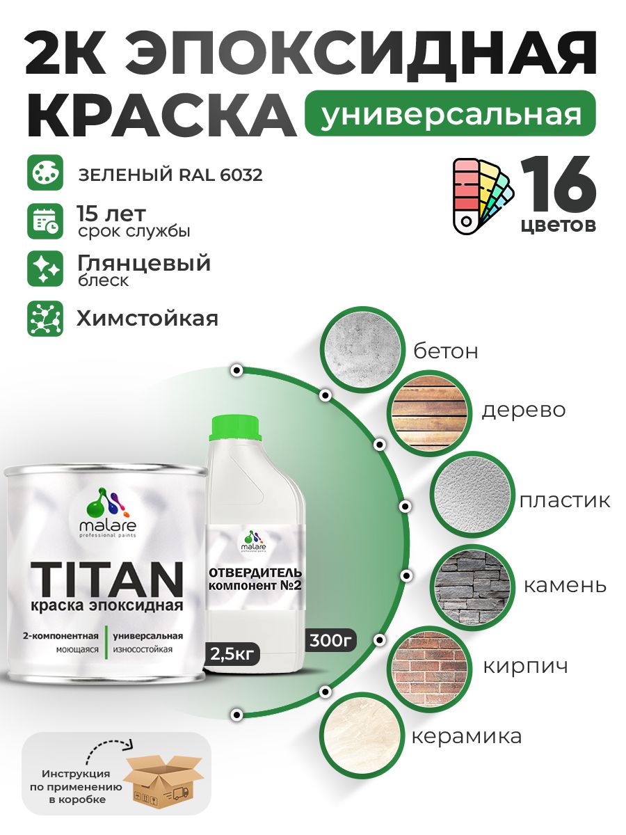 2К Эпоксидная краска Malare TITAN универсальная, двухкомпонентная влагостойкая высокопрочная износостойкая, RAL 6032 зеленый, глянцевая, (2,5 кг + 0,3кг отвердитель)