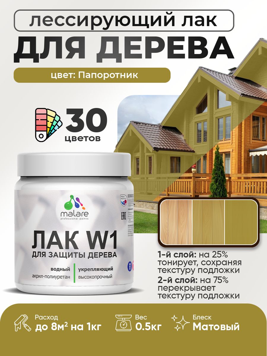 Лак колерованный тонирующий для дерева Malare W1 для деревянных и минеральных поверхностей, моющийся без запаха быстросохнущий, матовый, папоротник, 0.5 кг.