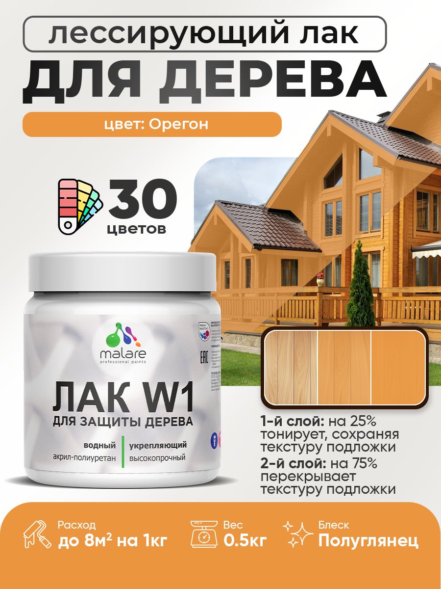 Лак колерованный тонирующий для дерева Malare W1 для деревянных и минеральных поверхностей, моющийся без запаха быстросохнущий, полуглянцевый, орегон, 0.5 кг.