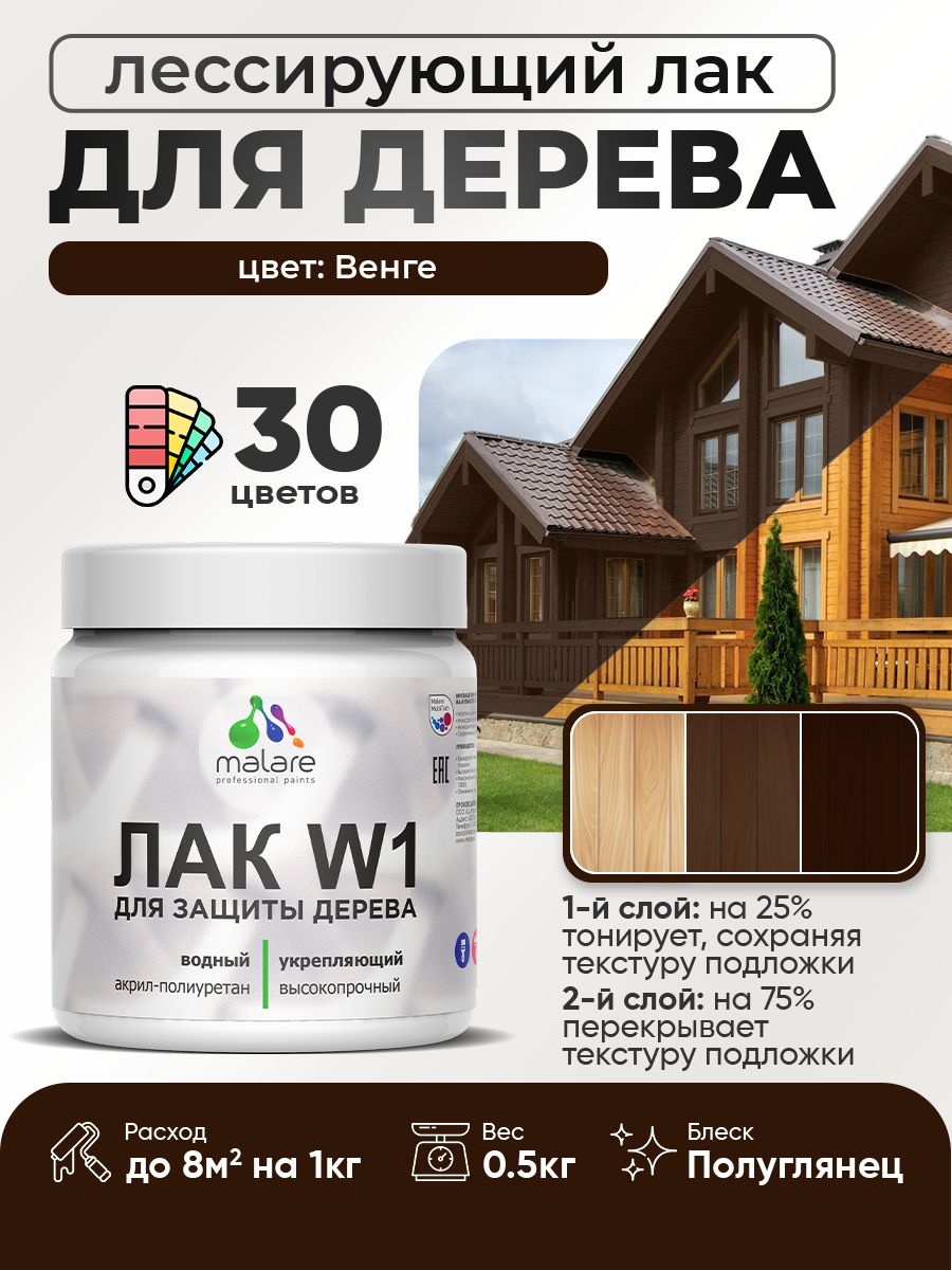 Лак колерованный тонирующий для дерева Malare W1 для деревянных и минеральных поверхностей, моющийся без запаха быстросохнущий, полуглянцевый, венге, 0.5 кг.
