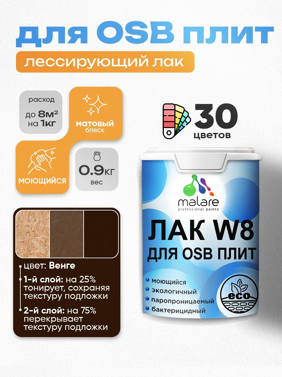 Лак колерованный тонирующий для защиты ОСБ плит Malare W8 для дерева и минеральных поверхностей, паропроницаемый водный без запаха, матовый, венге, 0.9 кг.
