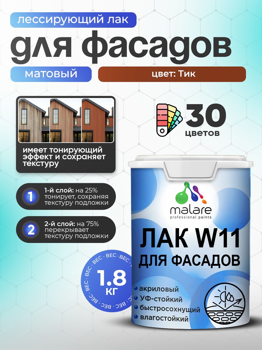 Лак колерованный тонирующий фасадный Malare W11 для защиты фасадов зданий, для дерева, камня и кирпича, быстросохнущий влагостойкий экологичный, матовый, тик, 1.8 кг.