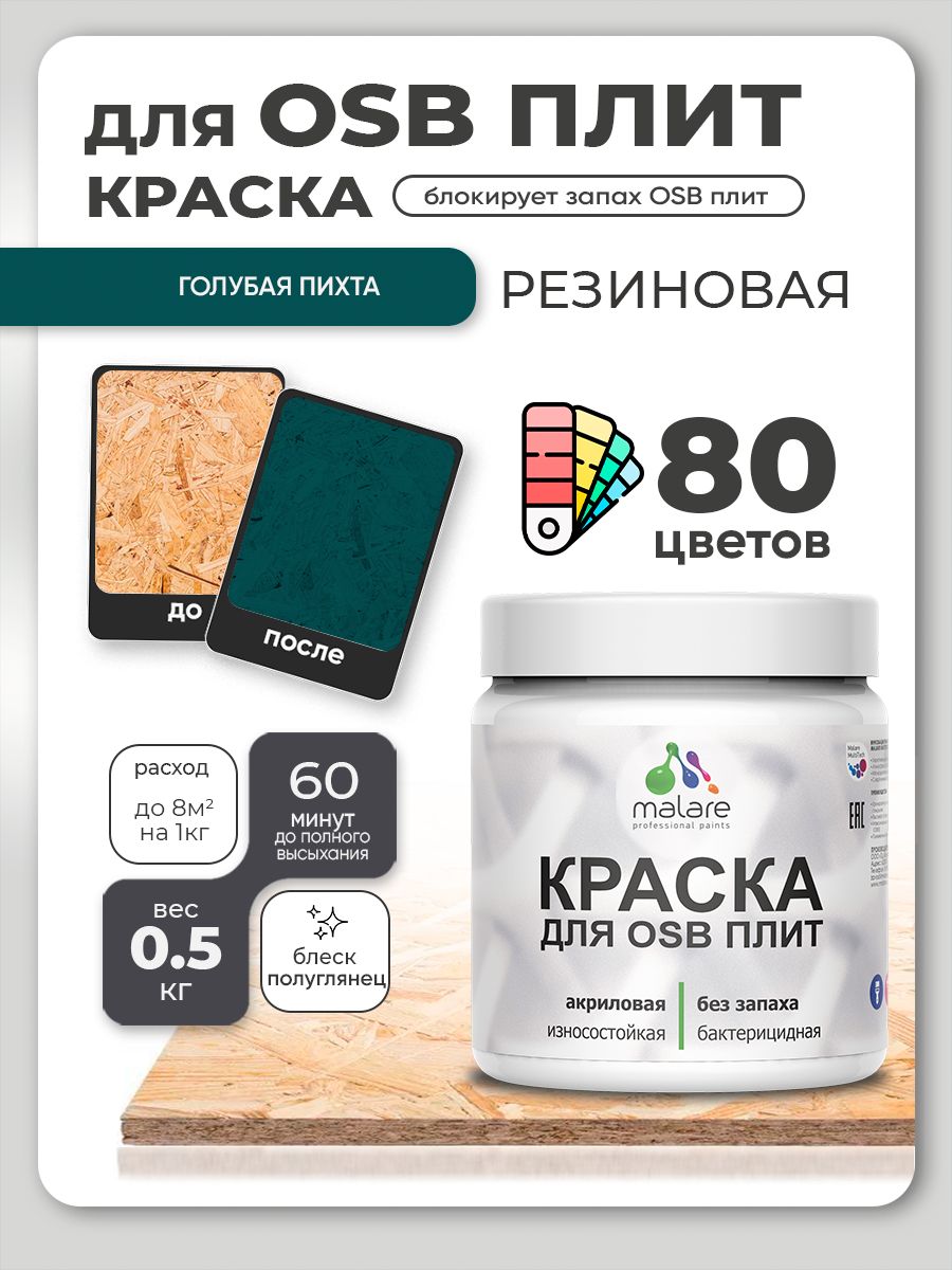 Резиновая краска для ОСБ плит Malare акриловая краска для дерева для наружных и внутренних работ, быстросохнущая без запаха полуглянцевая, голубая пихта, 0.5 кг