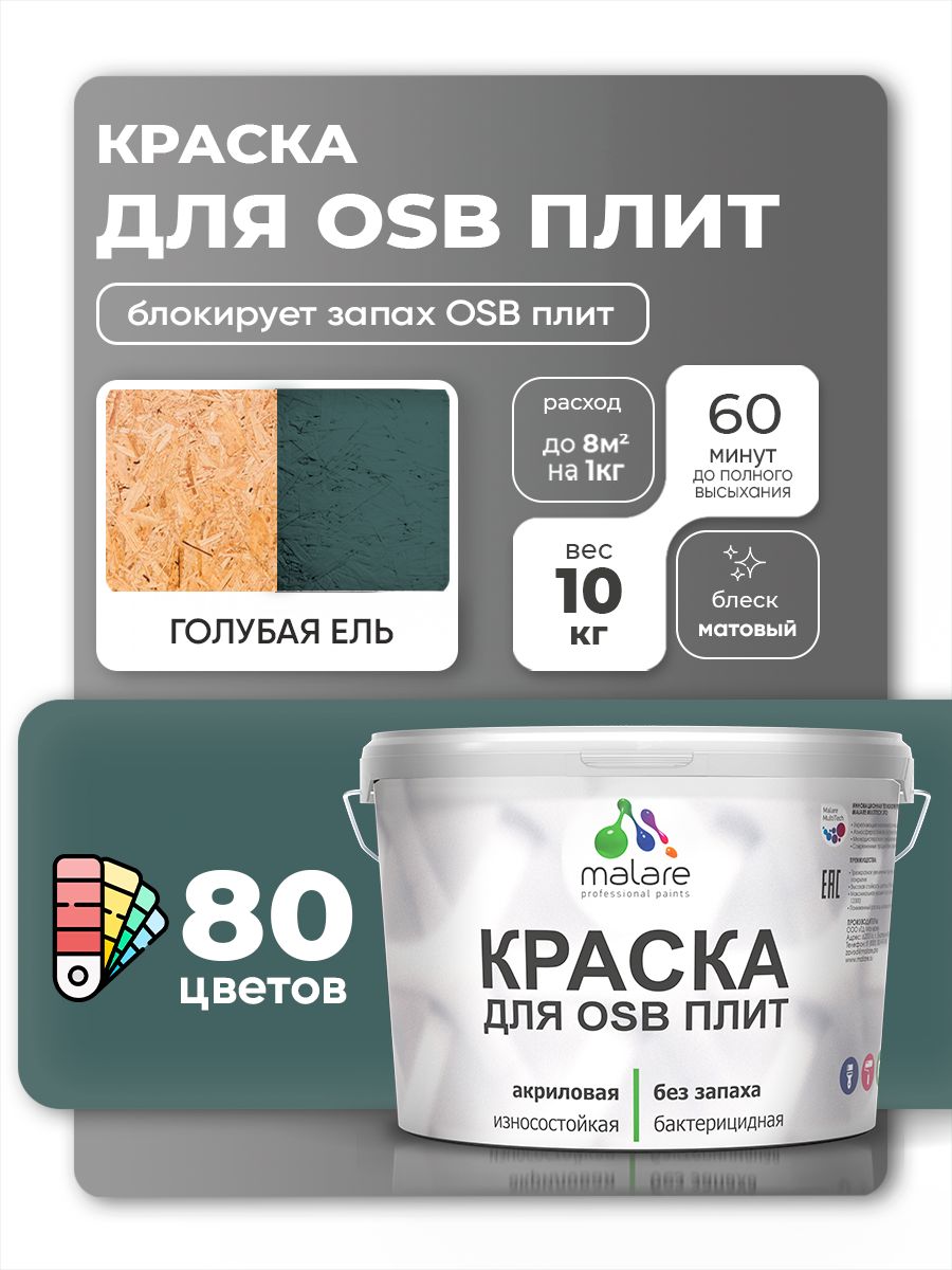 Акриловая краска для ОСБ плит Malare для дерева для наружных и внутренних работ, быстросохнущая без запаха матовая, голубая ель, 10 кг