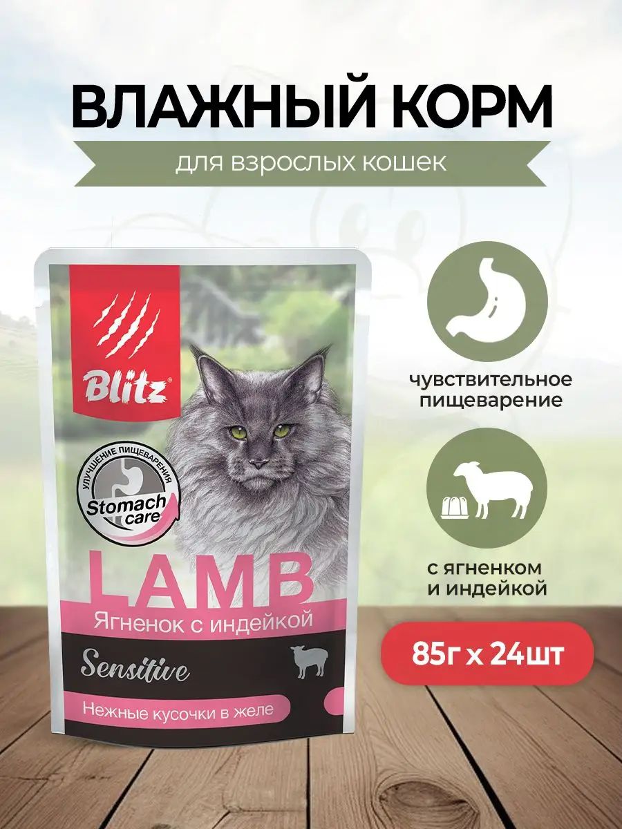 BlitzAdultCatsвлажныйкормдлявзрослыхкошексягненкомииндейкой,впаучах-85гх24шт