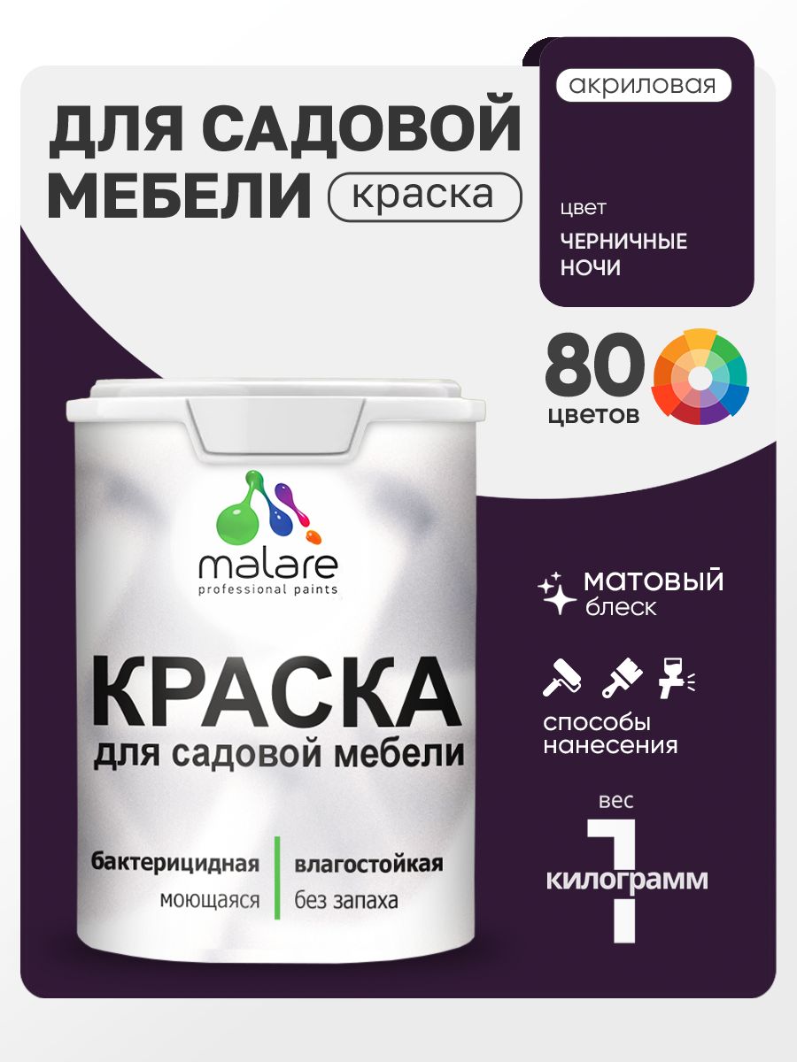 Акриловая краска Malare для садовой мебели/ по дереву, для наружных и внутренних работ/ быстросохнущая моющаяся без запаха матовая, черничные ночи, 1 кг