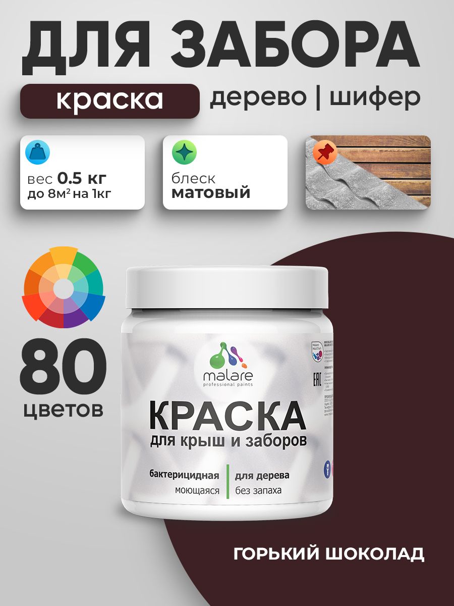 Акриловая краска Malare для деревянного забора/ по дереву для наружных и внутренних работ/ быстросохнущая моющаяся без запаха, матовая, горький шоколад, 0.5 кг.